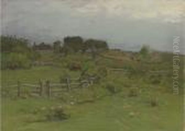 Cattle Grazing With A Farm In The Distance Oil Painting by John Joseph Enneking