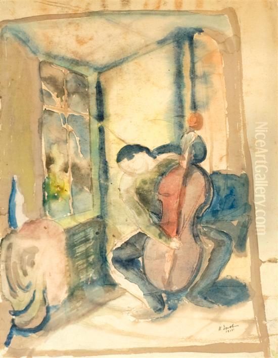 Musician In Interior Oil Painting by Henri Epstein