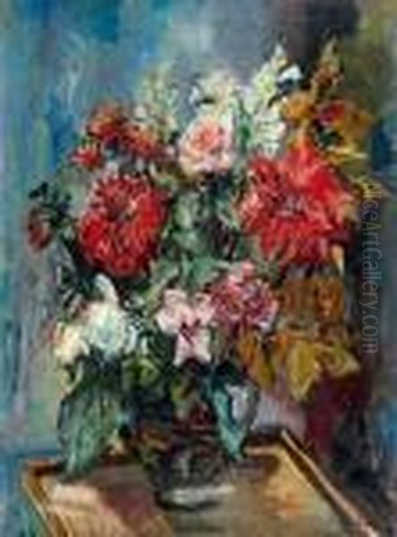Vase De Fleurs Sur Un Entablement
 Huile Sur Toile, Signee Et Datee 1930 En Bas A Droite Oil Painting by Henri Epstein