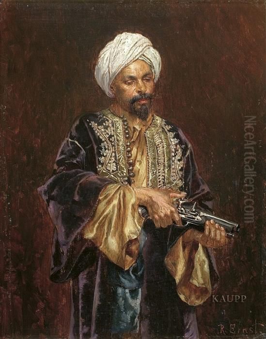 Kniestuck Eines In Reich 
Verzierte Orientalische Kleidung Gewandeten Mannes Mit Weisem Turban, 
Seine Pistole Haltend. Oil Painting by Rudolph Ernst