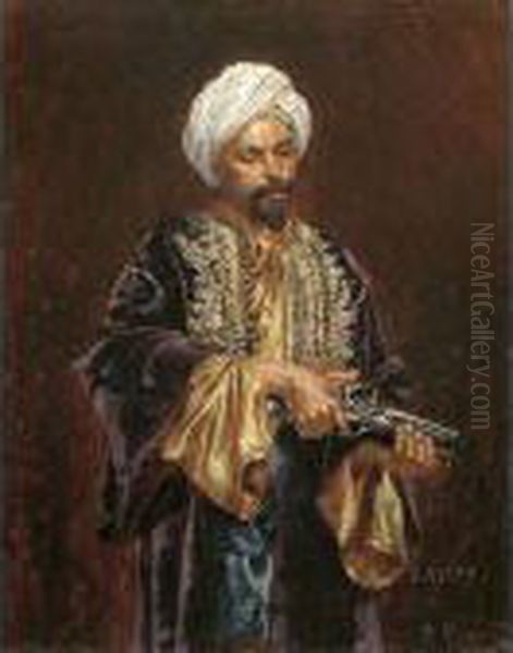 Kniestuck Eines In Reich 
Verzierte Orientalische Kleidunggewandeten Mannes Mit Weisem Turban, 
Seine Pistole Haltend Oil Painting by Rudolph Ernst