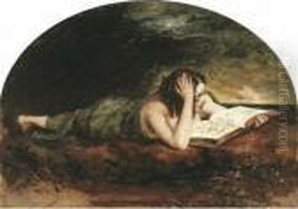 Reclining Girl Reading A Book, The Sea Beyond Oil Painting by William Etty