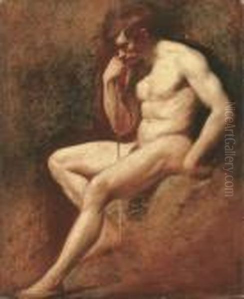 Male Nude, Seated, Leaning On A Staff Oil Painting by William Etty