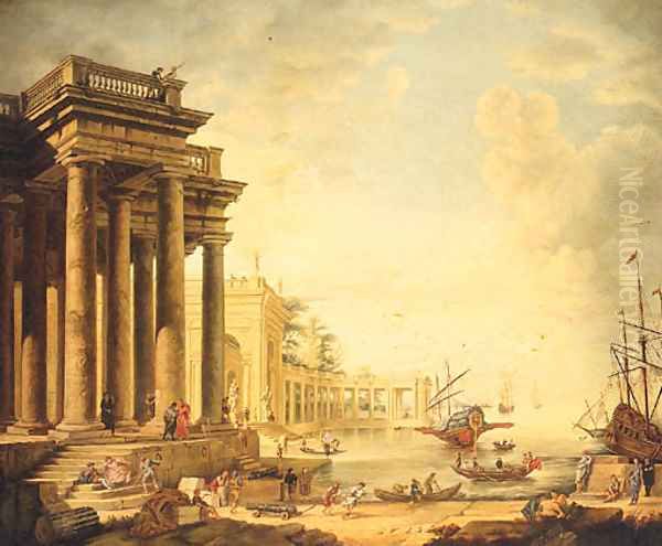 A Neoclassical Capriccio Of Figures On A Quay By A Loggia Oil Painting by Claude Lorrain (Claude Gellee)