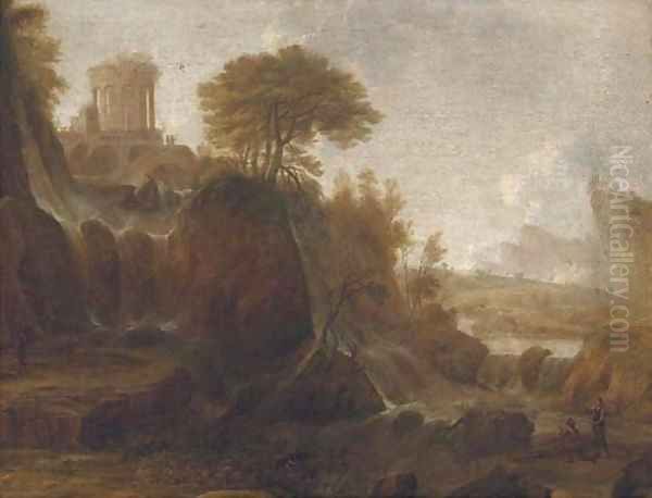Figures by a waterfall in a classical landscape Oil Painting by Claude Lorrain (Claude Gellee)