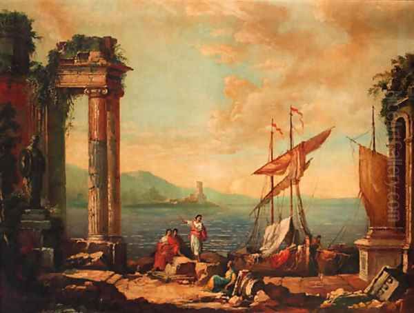 Figures resting by a ruined temple on a quay Oil Painting by Claude Lorrain (Claude Gellee)