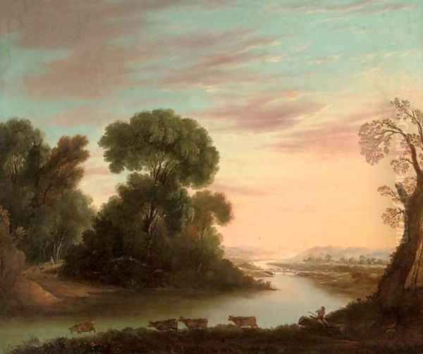 A wooded river landscape with a drover under a tree, his cattle beyond Oil Painting by Claude Lorrain (Claude Gellee)