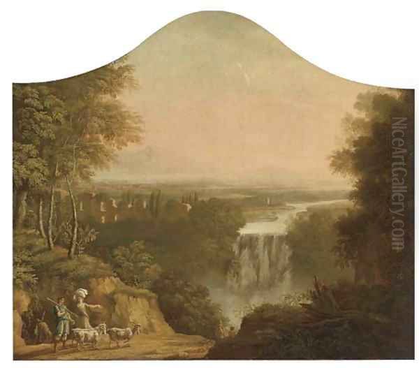 An extensive river landscape with a shepherd and his flock by a waterfall Oil Painting by Claude Lorrain (Claude Gellee)
