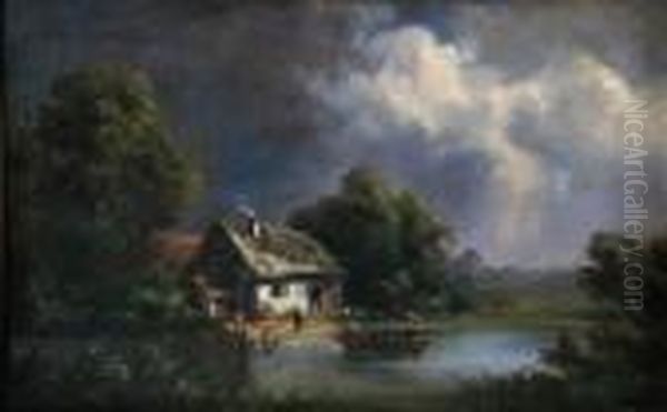 At 
Rural 
Home Oil Painting by Adrianus Eversen