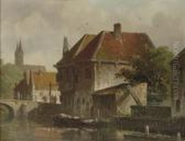 A Sunlit Town Oil Painting by Adrianus Eversen