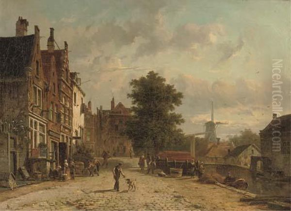Daily Activities On The 
Baangracht In Amsterdam With The Windmill On The Brouwersgracht Beyond Oil Painting by Adrianus Eversen