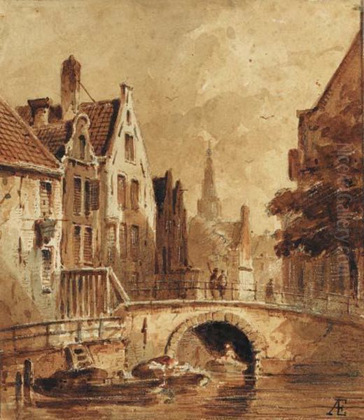 The Grimnessesluis, Amsterdam, 
The Oude Kerk Beyond (recto); Astudy Of Figures By Buildings (verso) Oil Painting by Adrianus Eversen