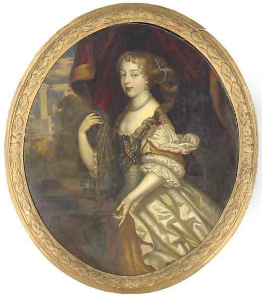 Portrait of a lady, three-quarter length, in a white silk dress Oil Painting by Sir Peter Lely
