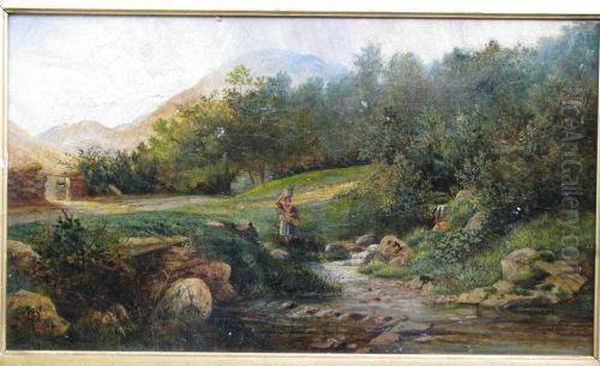 19th Century Oil On Canvas 
Depicting Lady Carrying Bucket In Stream With Wooded Hills Behind Oil Painting by Thomas Faed
