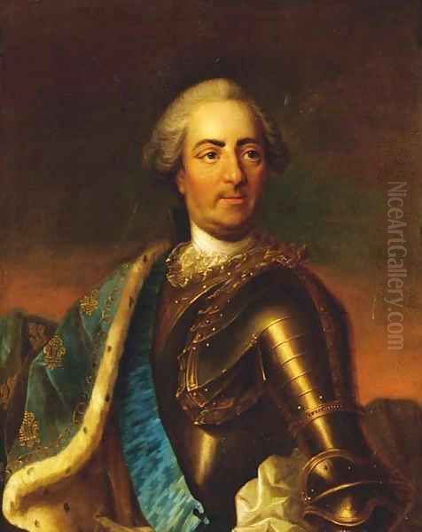 Portrait of King Louis XV, half-length, in armour with the sash of the Order of the Saint Esprit and an ermine trimmed cloak Oil Painting by Carle van Loo