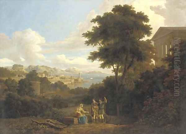 A classical landscape with figures conversing on a hilltop near a temple, a coastal town beyond Oil Painting by Hendrik Frans van Lint (Studio Lo)