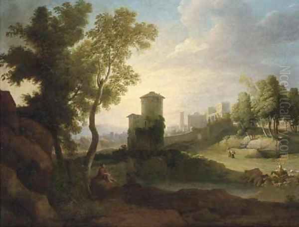 A classical landscape with a drover and cattle at a lake, a walled town beyond Oil Painting by Hendrik Frans van Lint (Studio Lo)