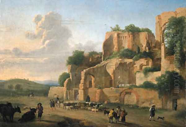 The Palatine Hill seen from the Circus Maximus with drovers, livestock and other figures Oil Painting by Hendrik Frans van Lint (Studio Lo)