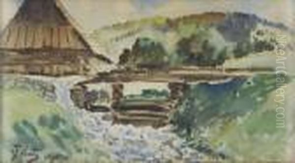 Pejzaz Z Mlynem Oil Painting by Julian Falat