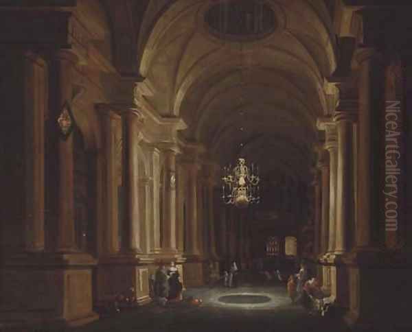 A darkened church interior with children playing and elegant figures conversing Oil Painting by Anthonie De Lorme
