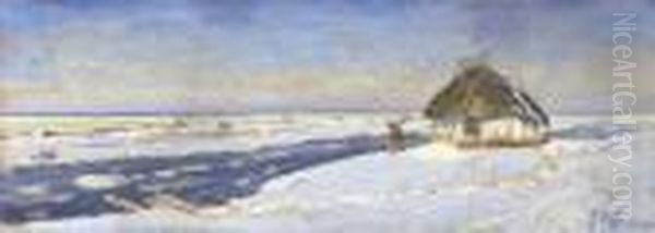 Weite Polnische Winterlandschaft
 Mit Bauernkate Am Fluss. Oil Painting by Julian Falat