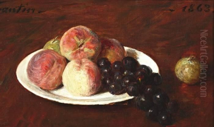 Stilleven Met Perziken En Druiven Op Een Wit Bord Oil Painting by Ignace Henri Jean Fantin-Latour