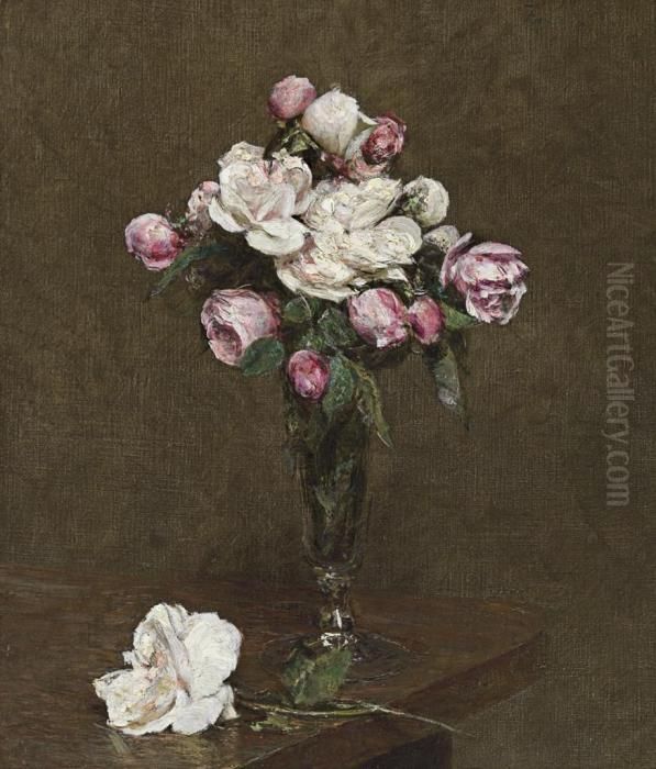 Roses Blanches Et Roses Dans Une Flute A Champagne Oil Painting by Ignace Henri Jean Fantin-Latour