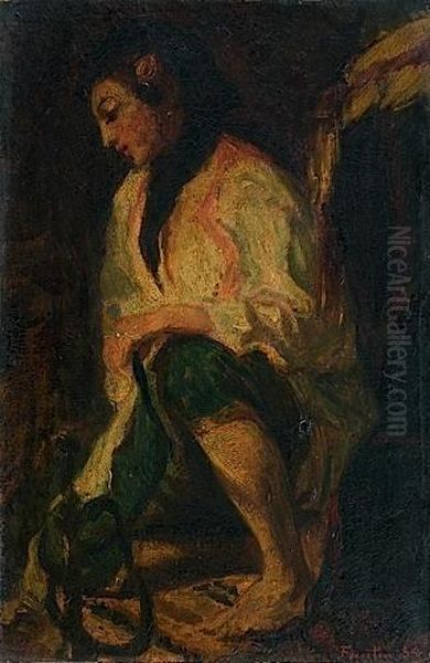 Femme Au Narguile D'apres Eugene
 Delacroix, Copie Partielle De Son Tableau 'les Femmes D'alger Dans Leur
 Appartement' Oil Painting by Ignace Henri Jean Fantin-Latour