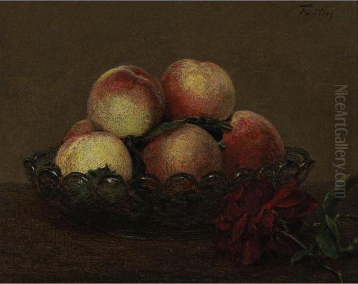Nature Morte (peches Dans Une 
Coupe De Verre, Une Rose Rouge Foncee Avec Feuilles A Droite) Oil Painting by Ignace Henri Jean Fantin-Latour