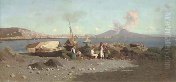 Fisherfolk at the Bay of Naples Oil Painting by Giuseppe Laezza
