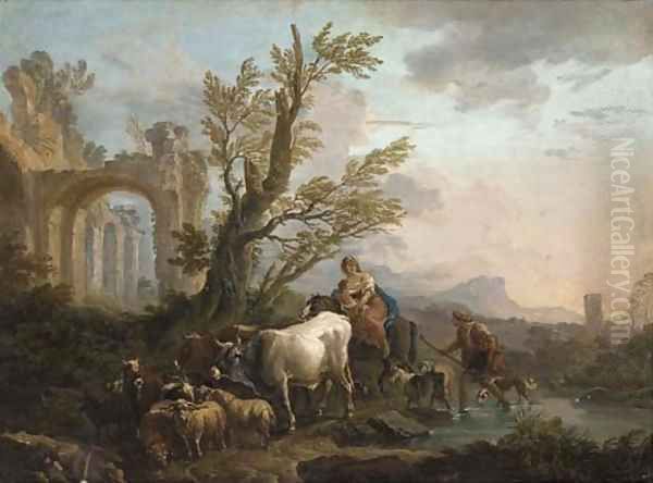 An Italianate river landscape with a peasant family travelling with his goats and cattle Oil Painting by Andrea Locatelli