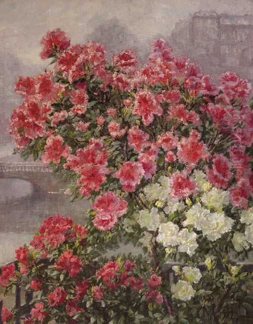 Blooming azalea along the river Seine, Paris Oil Painting by Hildegard Lehnert