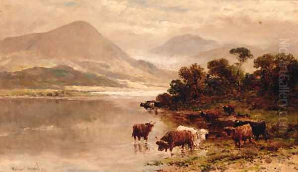 Highland Cattle Watering In A Loch Landscape Oil Painting by William Langley