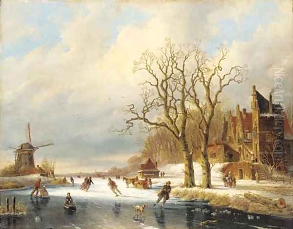 Skaters in a winter landscape 2 Oil Painting by Charles Henri Leickert