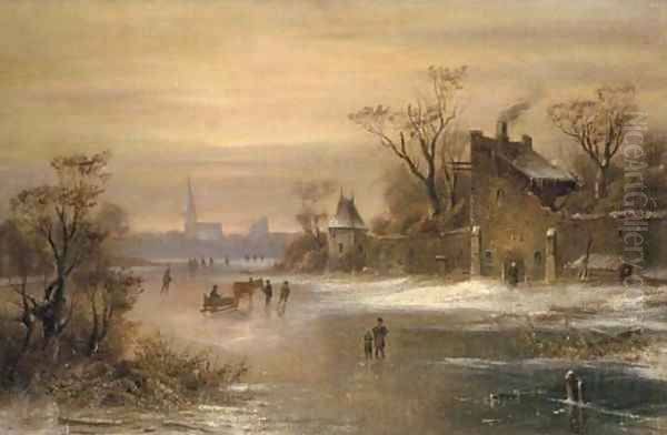Skaters and a horse-drawn sledge on a frozen river Oil Painting by Charles Henri Leickert