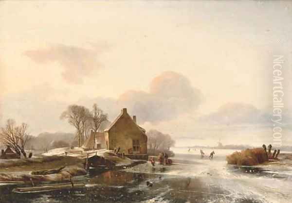 Skaters by a cottage in a Dutch winter landscape Oil Painting by Charles Henri Leickert