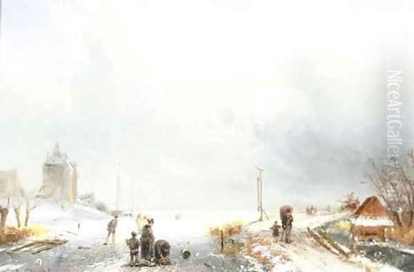 Skaters in a winter landscape Oil Painting by Charles Henri Leickert