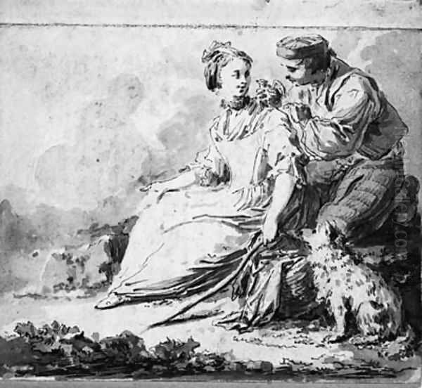 A young man showing a bird to a seated girl Oil Painting by Jean-Baptiste Leprince