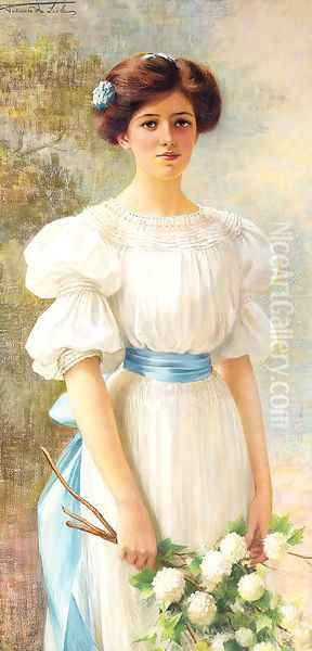 A Lady holding Hydrangeas Oil Painting by Fortunee De Lisle