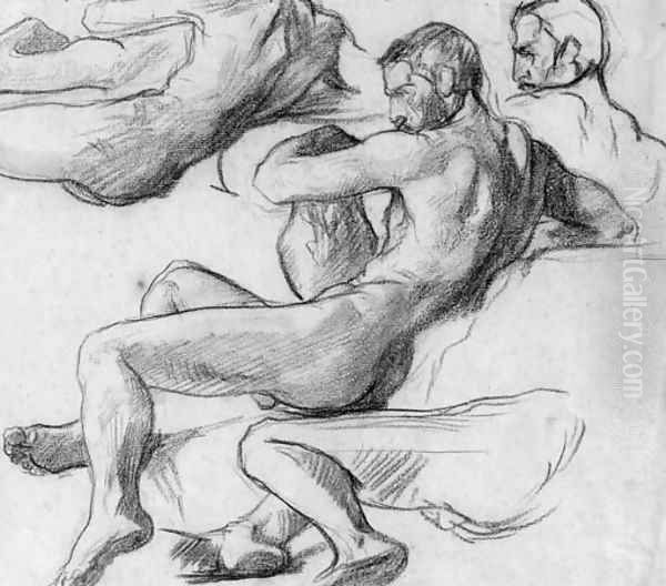 A reclining nude holding an urn, with subsidiary studies of his head, torso and legs Oil Painting by Henri Lehmann