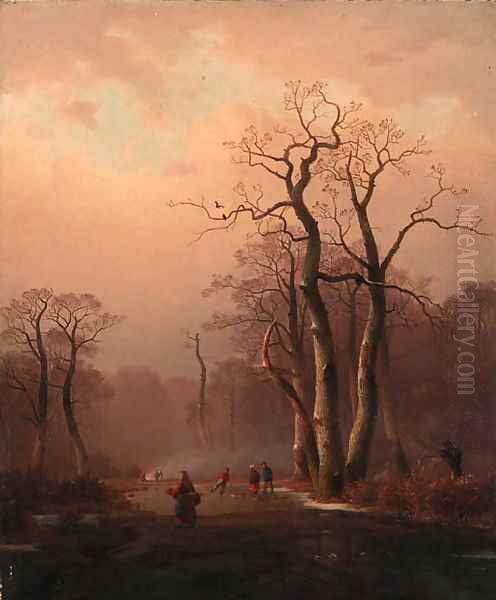 Figures in a frozen Winter landscape Oil Painting by Charles Henri Leickert