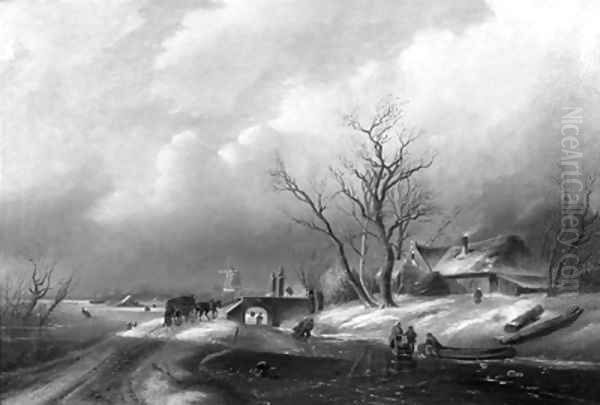 A winter landscape with figures on a frozen waterway Oil Painting by Charles Henri Leickert