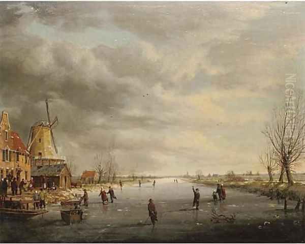 Figures on a frozen canal Oil Painting by Charles Henri Leickert