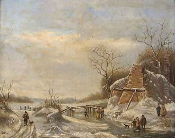 The frozen canal Oil Painting by Charles Henri Leickert
