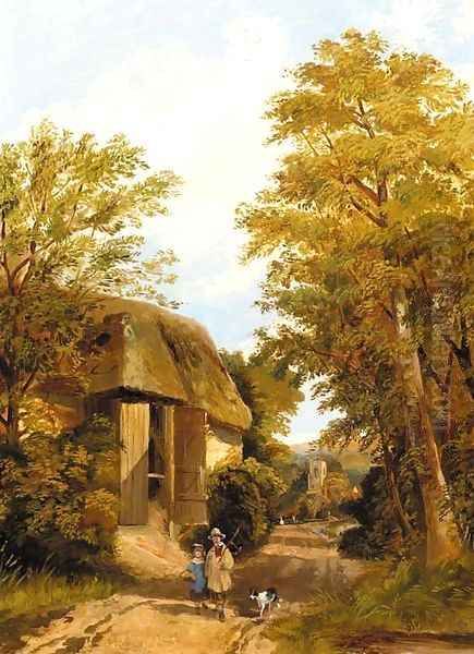Figures on a track by a barn, a village beyond Oil Painting by Frederick Richard Lee, R.A.