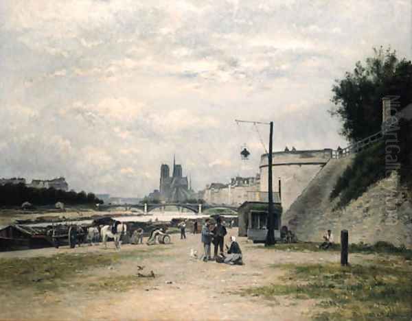 Le Quai de Louviers au Pont Sully (Le Quai Henri IV Paris) Oil Painting by Stanislas Lepine