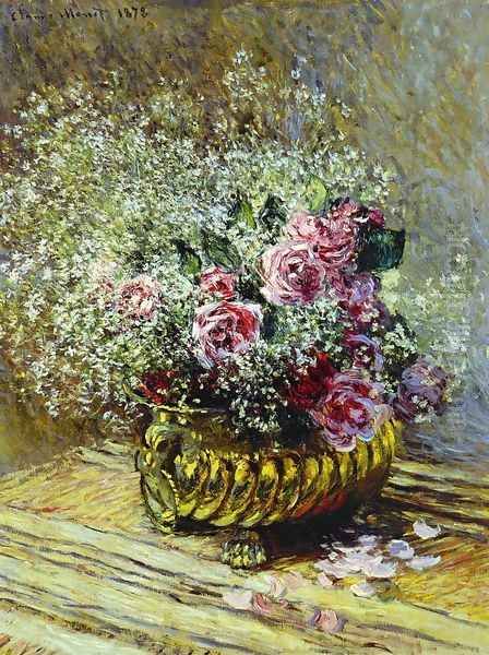 Flowers In A Pot Aka Roses And Babys Breath Oil Painting by Claude Oscar Monet