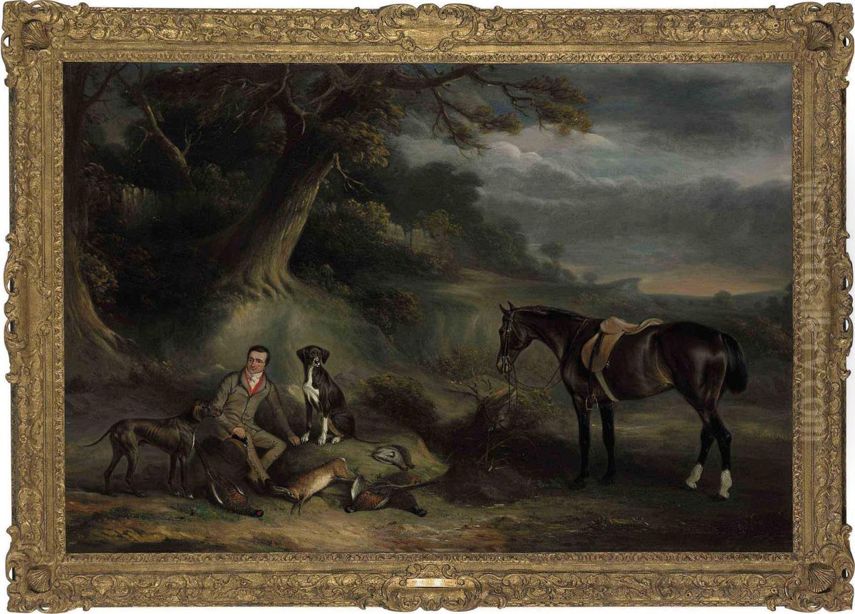 Charles Hibbert Of Baldock, 
Hertfordshire With A Bay Hunter, Two Pointers And The Day's Bag On 
Letchworth Common Oil Painting by John Snr Ferneley