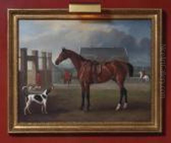 The Bay Hunter Gillingham 
Outside The Quorn Kennels With Huntsman George Montford And Whips W. 
Darby And T. Ball Oil Painting by John Snr Ferneley