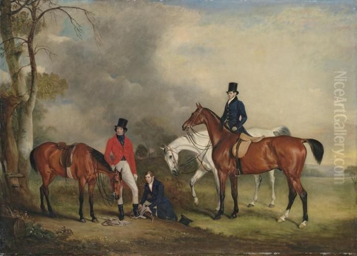 Portrait Of Captain James Ogilvy
 Fairlie Of Coodham, Full-length, In Hunting Dress, With His Grooms John
 Jennay And Cooper, And His Hunters Oil Painting by John Snr Ferneley
